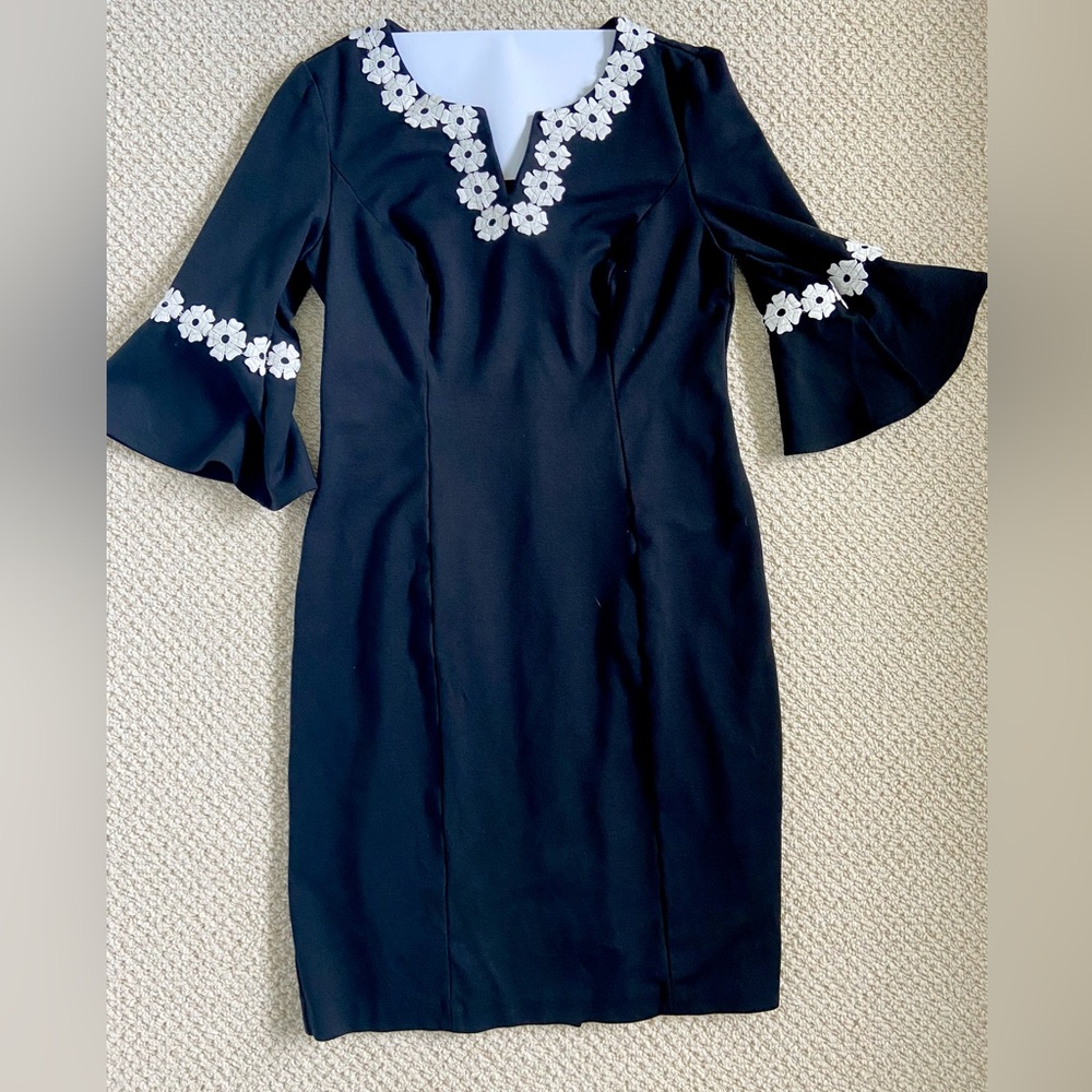 Talbots Black Dress with White Flower Trim Size 6